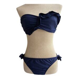 Ella Moss Navy Ruffle Bikini Set - Notre Dame Embroidered Bottoms - L (2619-1)